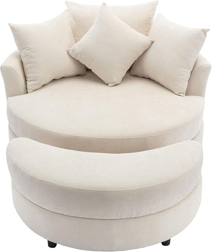 Yoglad Oversized Round Swivel Accent Chair - Modern 360 Degree Barrel Chairs with Storage Ottoman for Living Room Bedroom(Chenille- Cream)