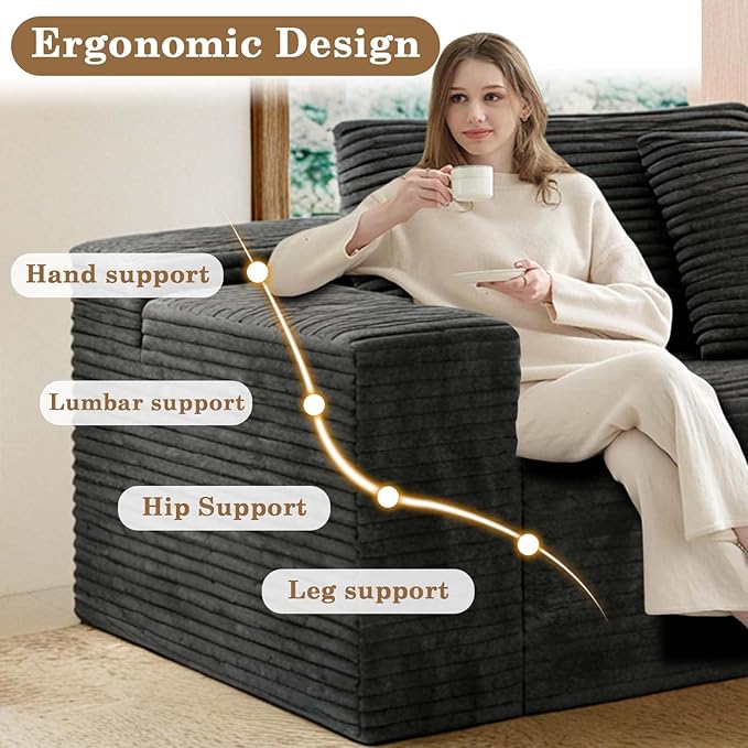 104 Black Boneless Couch with Chaise Sectional Couches for Living Room L Shaped Couch 4 Seat SofaCompression Sofa for Bedroom Comfy No Assembly Corduroy (Grey Right)