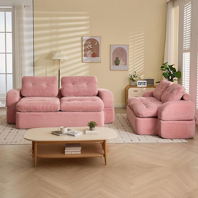 Sofa Bed Couch Convertible Futon Sofa Bed Foldable Boneless Couch No Assembly Love Seat Mattress Sleeper for Living Room Bedroom Apartment Pink