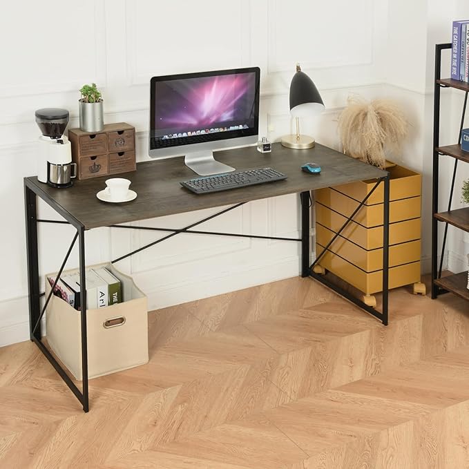FurnitureR 32'' Folding Desk No Assembly Required Desk 2 Tier Computer Desk for Study Home Office Portable Foldable Laptop Table with Metal Frames/Wood Top Rustic Brown (Vintage Brown 55.1 Inch)