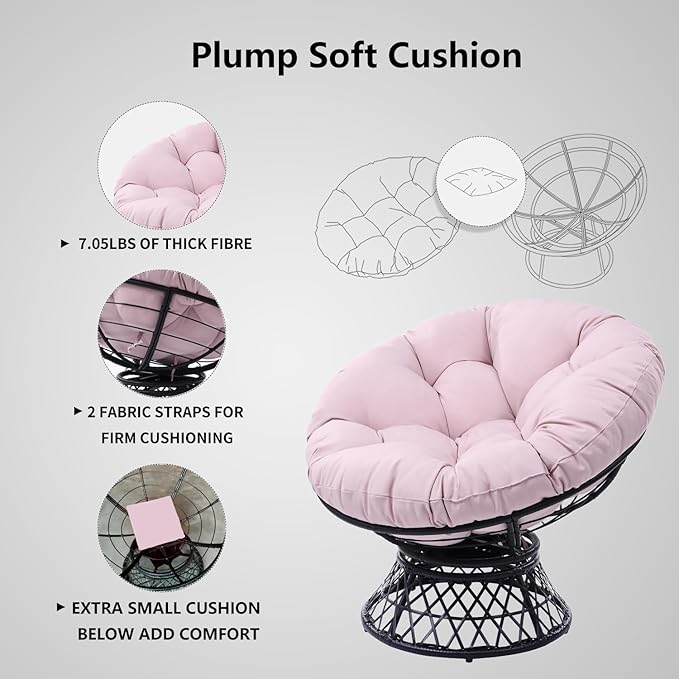 360° Swivel Papasan Chair - 350lbs Capacity Indoor/Outdoor Wicker Lounge Chair with Thick Cushion Modern Accent Chair for Living Room Bedroom Patio (White &amp Orange)