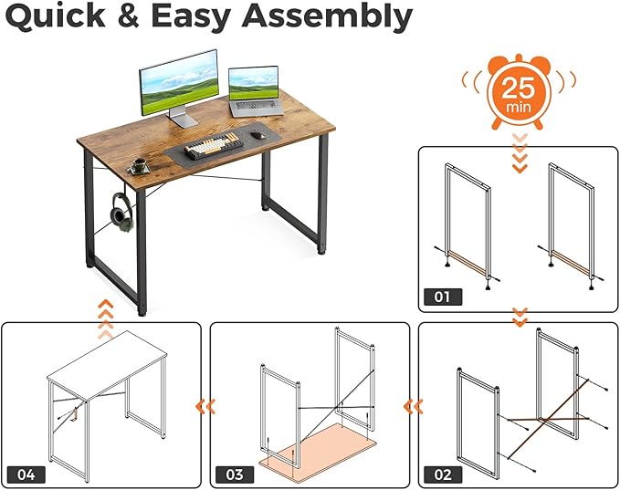Casaottima 40 Inch Small Computer Desk for Home Office Study Writing Table for Small Spaces Simple Modern Desk with Headphone Hooks Rustic Brown