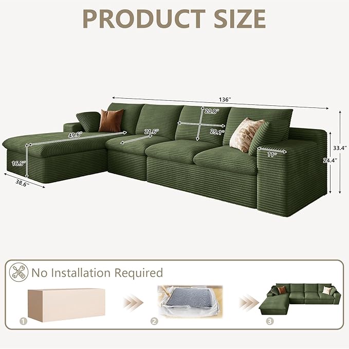 136 Cloud Couch Modular Sectional Couchs with Chaise Lounge L-Shape Boneless Couches for Living Room Corduroy Sofa with Deep Seat No Assembly Required (Green Left Facing Chaise)