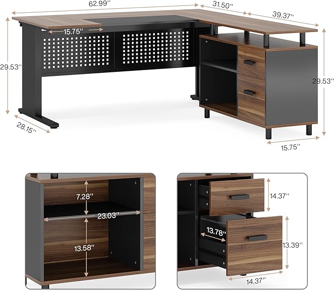 Tribesigns 63 Inch Executive Desk with File Cabinet Large Office Desk L Shaped Computer Desk with Drawers and Storage Shelves Business Furniture Desk Workstation for Home Office Brown and Black