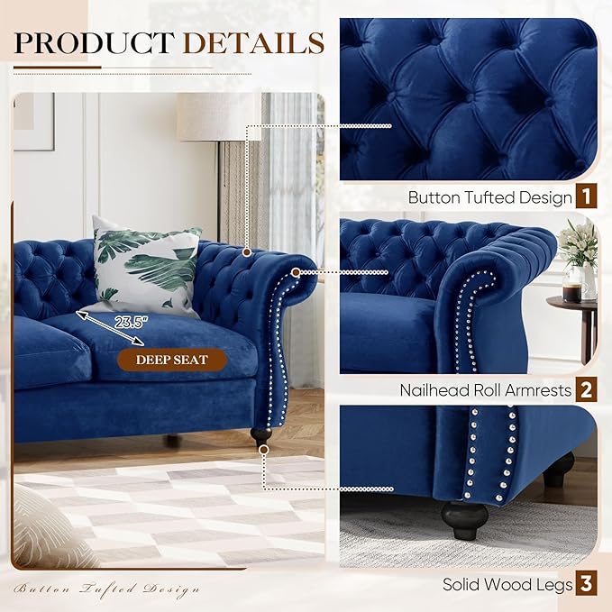61W Mid Century Modern Chesterfield CouchUpholstered Velvet Loveseat Sofa with Button Tufted &amp Rolled ArmrestsDeep Seat Comfy Sofa with Nailhead Trim &amp Gourd Legs for Living RoomApartment(