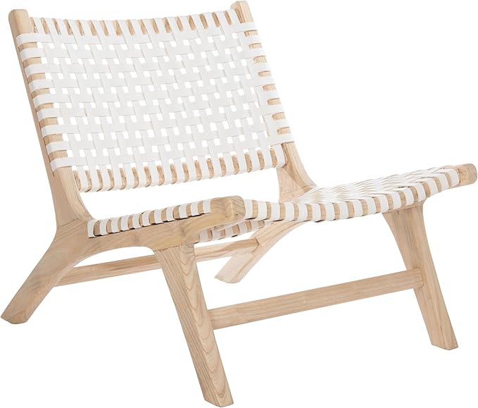 SAFAVIEH Home Collection – Luna Natural Solid Wood &amp White Leather Woven Accent Chair Contemporary Lounge Chair Fully Assembled (ACH1002A)
