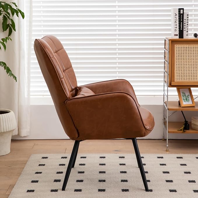 Bonded Leather Armchair Modern Accent Chair High Back Living Room Chairs with Metal Legs and Soft Padded Sofa Chairs for Home OfficeBedroomDining Room (Brown 1pc) UU317