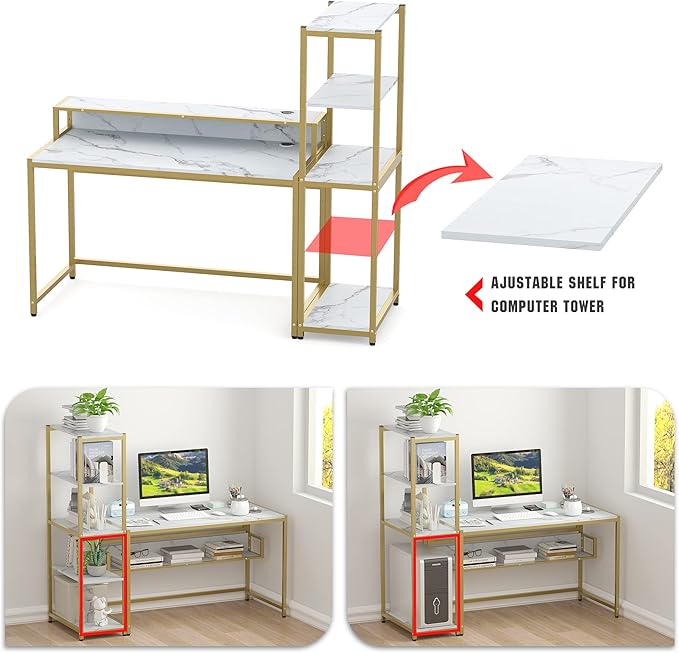 Teraves Computer Desk with 5 Tier ShelvesReversible Writing Desk with Storage 49 Inch Study Table for Home Office Independent Bookcase and Desk for Multiple Scenes (White Marbling+ Gold Frame)