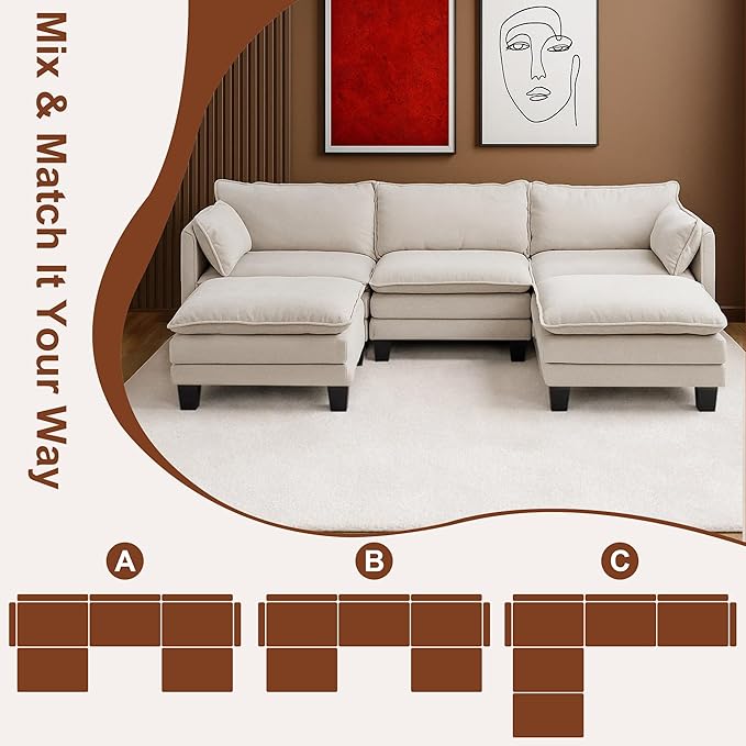 111” Modular Sectional Sofa L Shaped Cloud Couch with Ottoman Chenille Deep Seat Sofa with Pillow for Living Room Bedroom and Apartment5 Seats Beige