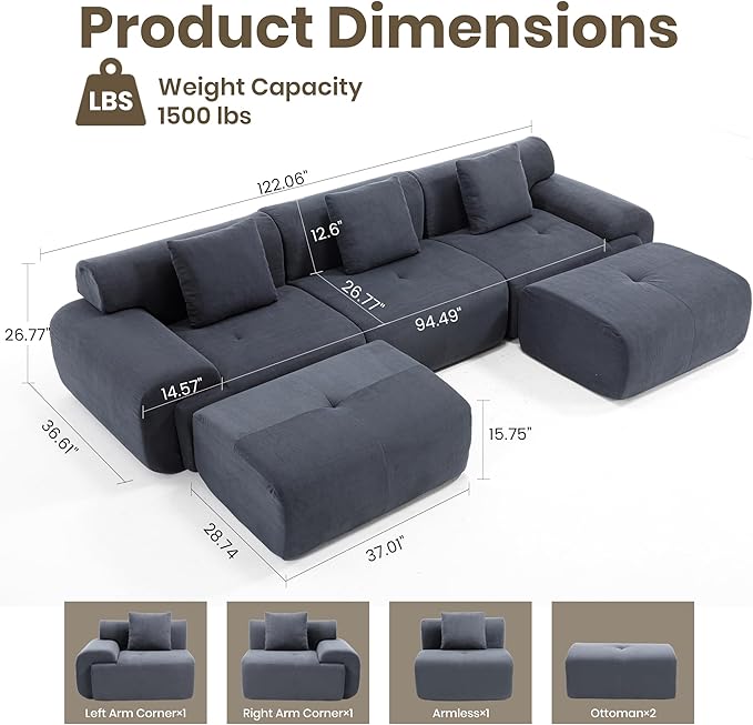 122 Modular Sectional Sofa Convertible L-Shape Cloud Couch Corduroy Upholstered Boneless Sofa Set with Deep Seat &amp Movable Ottoman No Assembly Needed for Living Room Bedroom Home Office Gre