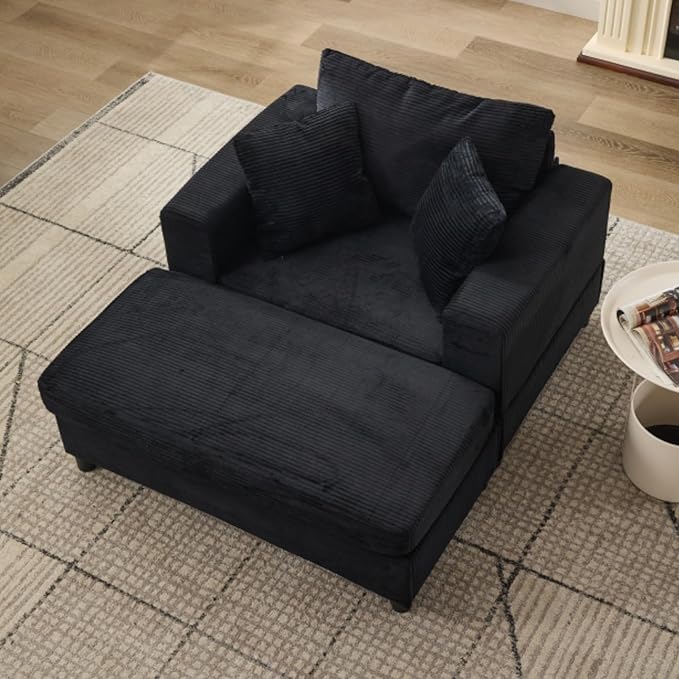Chaise Lounge Chair with Removable Ottoman Modern Corduroy Accent Sleeper Sofa Bed with Pillows Deep Seat Upholstered Armchair for Living Room Bedroom (Black)