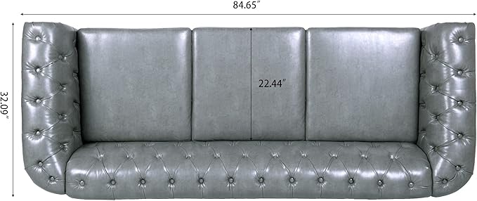 GDFStudio 85 Tufted Button Chesterfield Sofa with Deep Seat Cushions Rolled Arms &amp Gold Accent Strip 3-Seater Midcentury Modern Sofa for Living Room Classic Couch Furniture Gray + PU