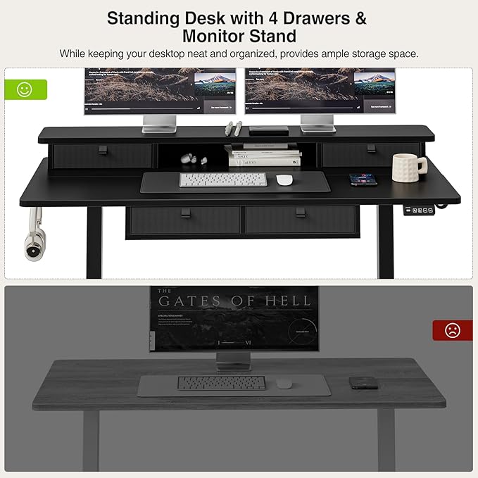 Grandder 47 x 28 inch Electric Standing Desk with 4 Drawers Sit Stand Up Desk Adjustable Height with Storage Shelf for Home Office Ergonomic Adjustable Desk with Splice Board Black