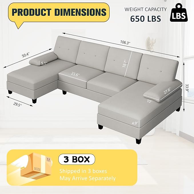 JY QAQA Sectional Couche with Soft Cushion U-Shaped Sofa with Double Chaise 4-Seat Linen Fabric Sofa Sets for Living Room Apartment Beige
