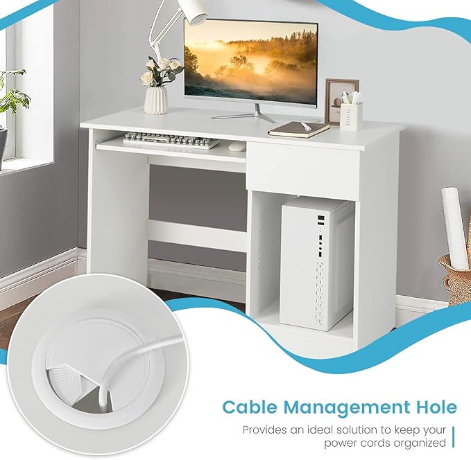Computer Desk with Keyboard Tray and Drawer Home Office Desk with Adjustable Shelves &amp Cable Hole Modern Vanity Table for Bedroom Teens Gaming Desk Writing Study Workstation (White)
