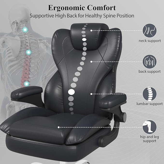Office Desk Chair Executive Leather Office Chair High Back Ergonomic Home Desk Chair with Padded Flip-up Arms Big and Tall Computer Chair with Rocking Function 360°Swivel Free Black