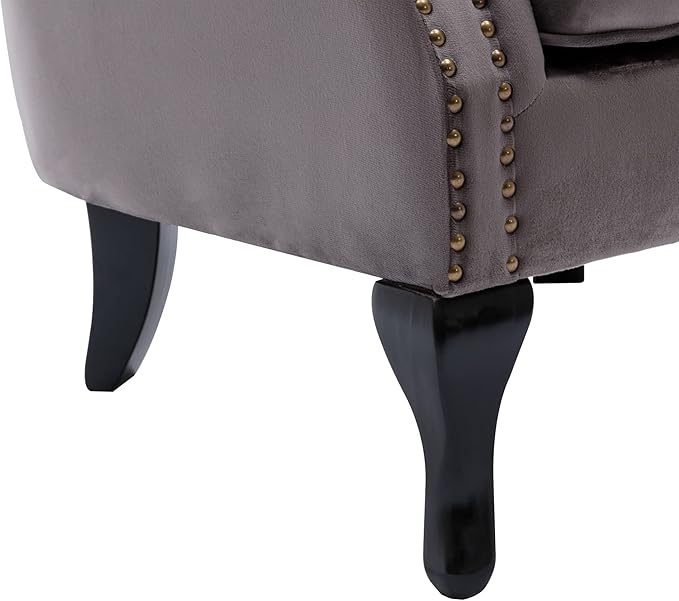 Mid Century Modern Accent Chair Upholstered Armchair Comfy Velvet Fabric Single Sofa with Tufted Wingback for Small Spaces Bedroom Living Room Grey