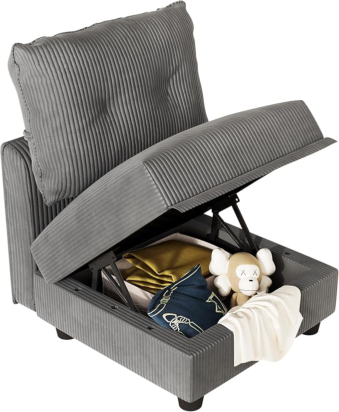 LLappuil Plush Corduroy Separate Module to Extend Sectional Sofa | Armless chair Storage Seat 1 Throw Pillow Free Combination Grey