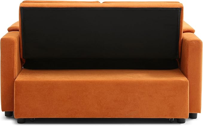 3 in 1 Convertible Sofa Bed with USB Ports - 55 Modern Velvet Sleeper Loveseat with Adjustable Backrest Pull-Out Bed 2 Pillows &amp Storage Pockets Space Saving (Orange)