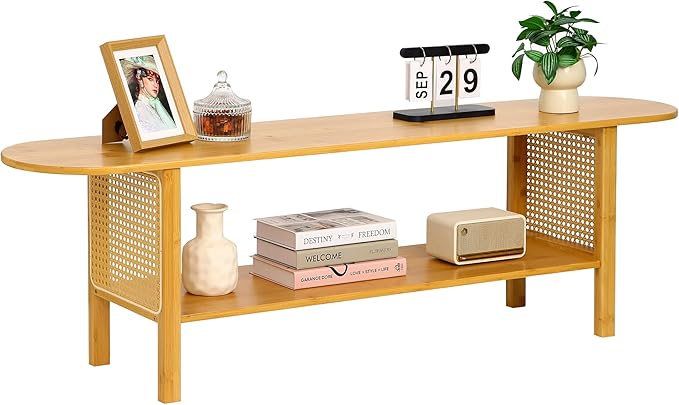 Bamboo TV Stand for TVs up to 65 Accent Entertainment Center with Storage Media Console Table with Rattan Modern TV Stand for Living Room Bedroom 55(L) Burlywood
