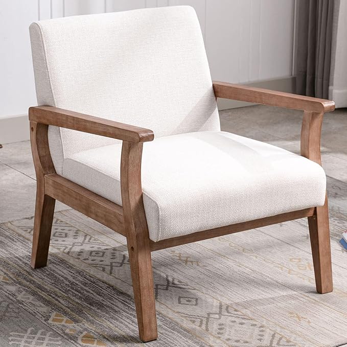 VESCASA 23.2 W Accent Chair with Arms Comfy Farmhouse Side Chair with Upholstered Seat Mid Century Modern Reading Chair with White Wash Wood Legs for Living Room/Bedroom White Linen