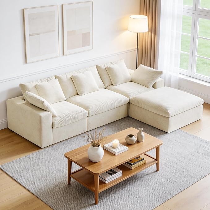 120 L-Shaped Boneless Cloud Couch Modular Sectional Sofa with Ottoman and Extra-Wide Armrests Deep Seat Sectional Couches for Living Room 35D High-Density Foam No Assembly Required Beige