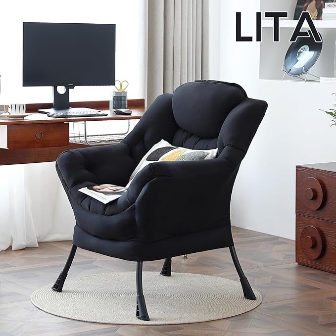 LITA Lazy Chair with Armrests and Side Pocket Modern Upholstered Accent Reading Chair for Living Room Bedroom Dorm Small Spaces Single Black