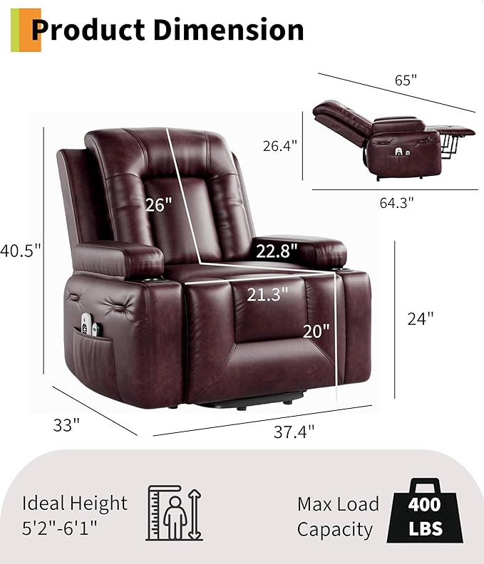 GarveeHome Power Lift Recliner Chair - Heat and Massage PU Leather Electric Lift Recliner for Elderly &amp Mobility Impaired Adjustable Back and Legs Heavy Duty Lift Chair for Seniors