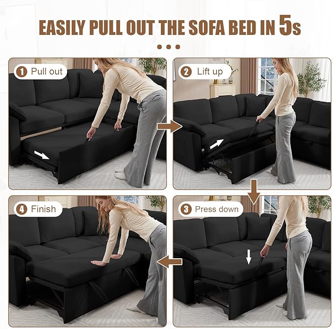 85 Modular Sectional Sofa with Pull Out Bed L Shaped Couch with Storage 5-Seater Sleeper Sofa Sectional Couches for Living Room Cloud Modular Couch with Removable Sofa Cover