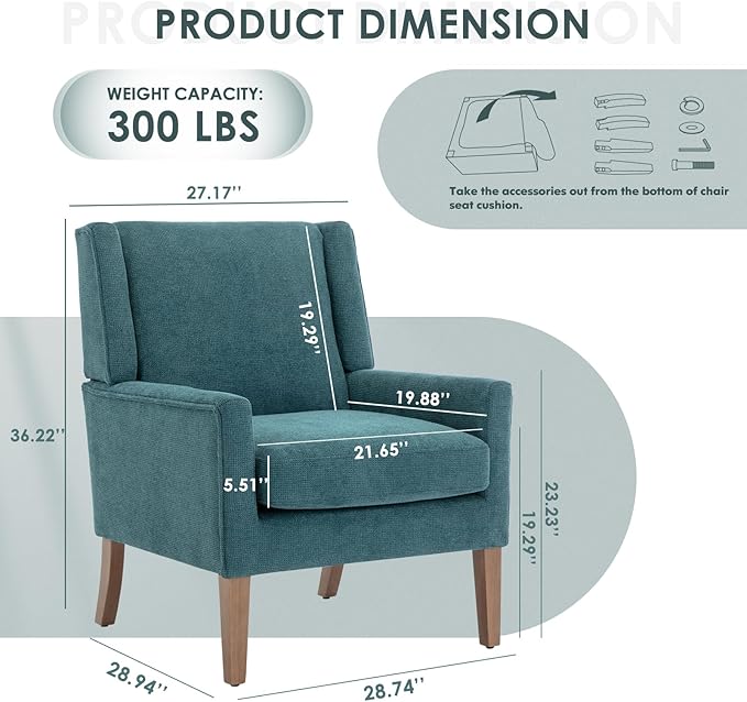 COLAMY Modern Wingback Living Room Chair Upholstered Fabric Accent Armchair Single Sofa Chair with Lounge Seat and Wood Legs for Bedroom/Office/Reading Spaces Teal