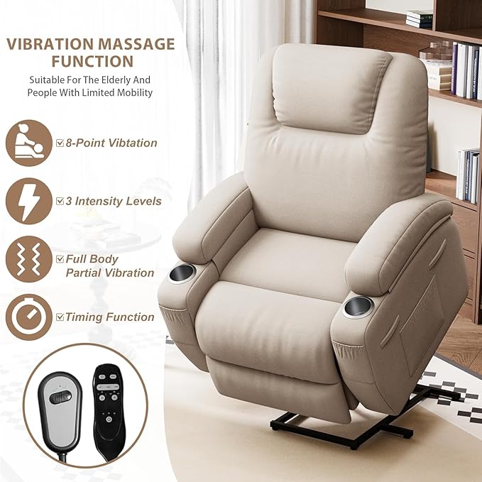 Flamaker Power Lift Chair Massage Recliner Chairs for Elderly - Ergonomic Design with Cup Holders &amp Side Pockets Remote Control (Beige)