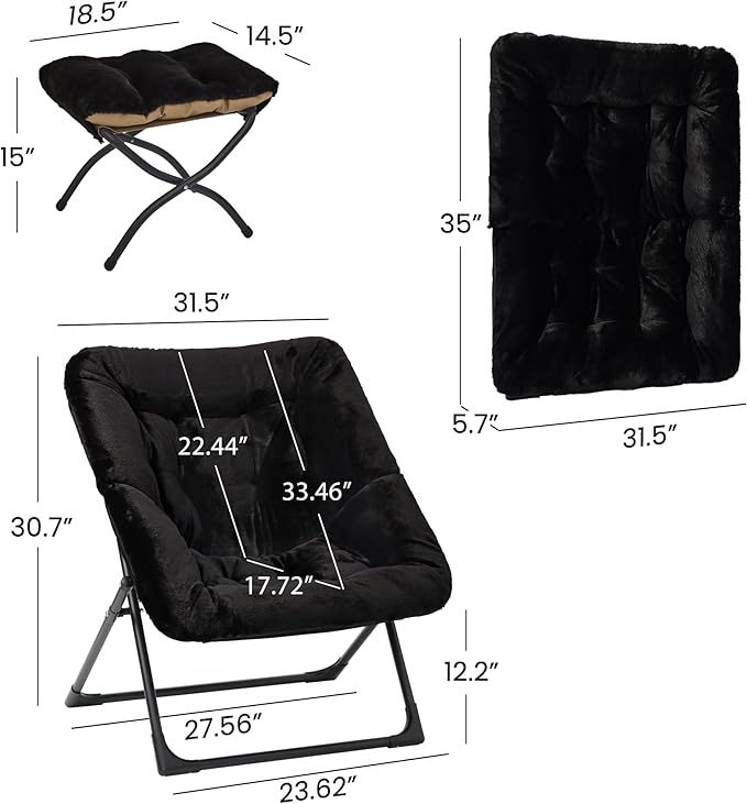 Comfy Saucer Chair for Adults Soft Faux Fur Bedroom Chair with Ottoman Accent Dorm Chairs Living Room Reading Chairs and Footstool Folding Seat for Teens X-Large Black