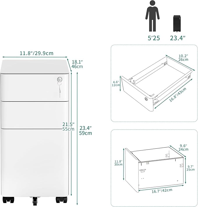 YITAHOME 3-Drawer File Cabinet Lockable Mobile Filing Cabinet for A4/Letter/Legal Size Folder Vertical File Cabinet for Home Office Installed Except Casters White