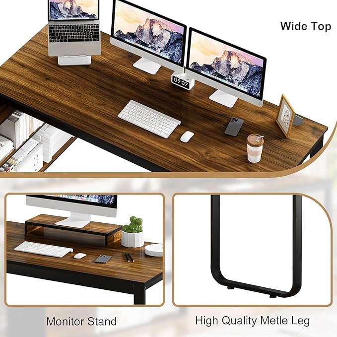 55 Inch L Shaped Desk with 3 Drawers Home Office Desk with Storage Shelves Computer Desk with Monitor Stand Black