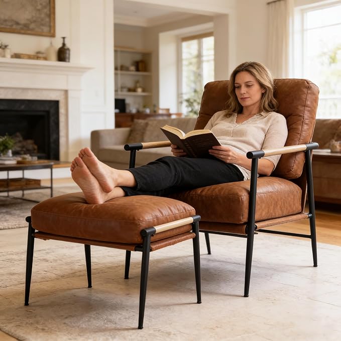 DUOMAY Mid Century Modern Accent Chair with Ottoman Set Brown PU Leather Upholstered Living Room Chair with Metal Legs Lazy Lounge Chair Set with Footrest for Bedroom Living Room