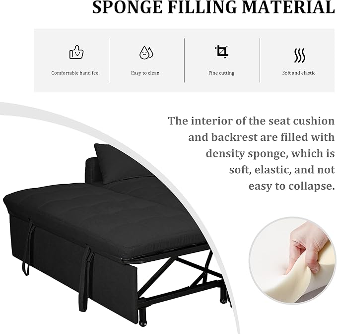 Oversized 3-in-1 Convertible Sleeper Sofa Bed Futon Couch with Pullout Bed 2-Seater Loveseat Sofa w/Pockets Adjustable Backrest and Pillows for Living Room Apartment (Black-Button Tufted)