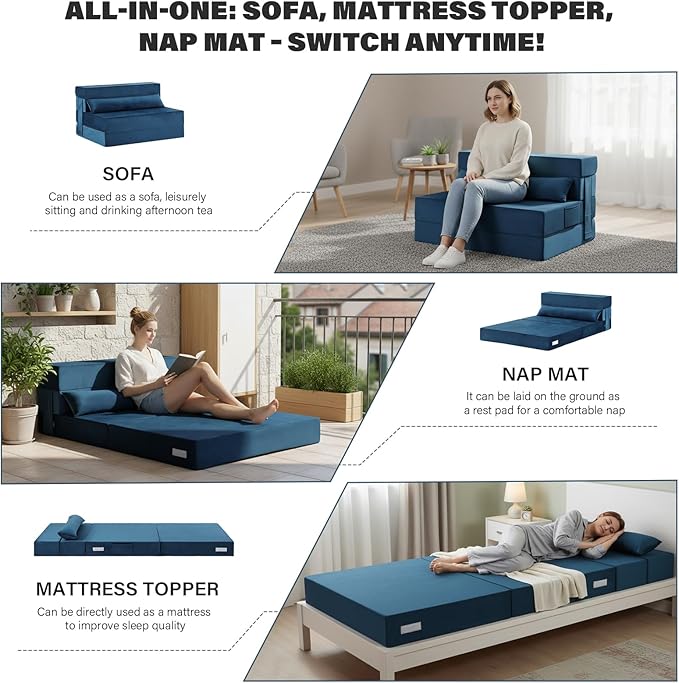 Tiita Folding Sofa Bed Couch Twin Size Foldable Futon Chair with Pillow Folding Sleeper Sofa Chair Bed Floor Mattress for Guest Room Living Room Blue