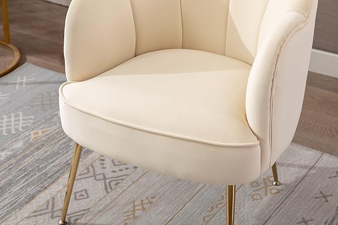 Shell Shape Velvet Fabric Armchair Accent Chair with Gold Legs for Living Room BedroomCreme White