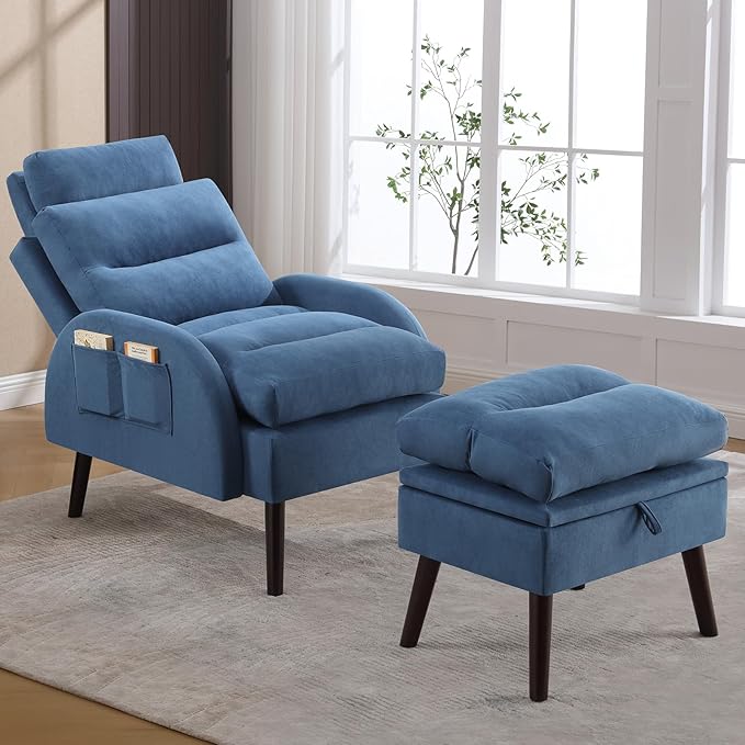 Accent Chair with Ottoman Velvet Comfy Reading Chair and Ottoman Set Modern Oversized Velvet Lounge Sleeper Armchair with Adjustable Backrest for Living Room Bedroom Blue