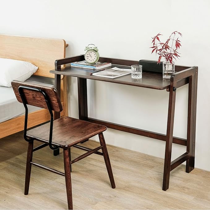 Computer Desk Foldable Desk Home Office Desks Solid Wood Writing Desk Mid Century Modern Desks Oak Study Table Folding Desks for Small Spaces 39.4 W x 27.6 H x 13.6 D Inches Walnut