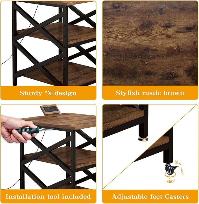Large Printer Stand with Power Outlet with Height Adjustable Storage Shelf 3 Tier Rolling Printer Cart with Industrial Wheels 23.6 x 23.6 Inches Printer Table for Home Office Rustic Brown