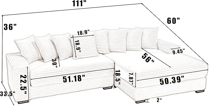 KEIKI 111 L-Shaped Oversized Corduroy Modular Sectional Sofa with Right Chaise Lounge and 8 Throw Pillows 3-Seater Corner Couch with Padded Armrests Easy Assembly for Living Room Beige