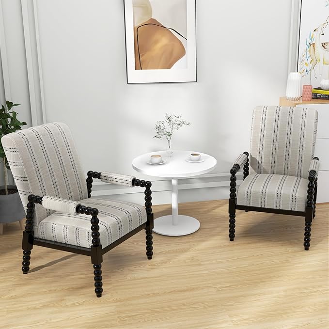 Giantex Mid Century Modern Spindle Accent Chair Set of 2 Upholstered Armchair w/Rubber Wood Frame Ergonomic Backrest &amp Fabric Covered Armrests Comfy Single Sofa Chair for Living Room Bedroom