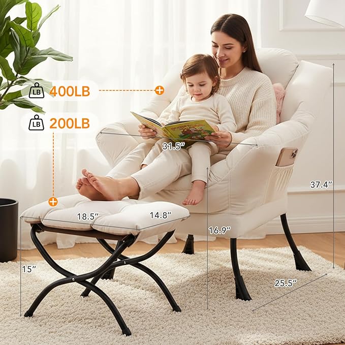 Lazy Chair with Ottoman Large Accent Chair with Ottoman and a Throw Pillow Beige Reading Chair for Living Room Bedroom Dorm Room Office Apartment Relaxing Use