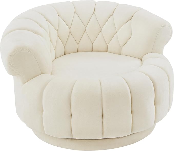 360° Swivel Accent Chair Chenille Fabric Barrel Swivel Chair Round Club Chair with Curved Armrests &amp Thick Cushioning Stylish Channel-Tufted &amp Diamond-Quilted Backrest for Living Room (Beige
