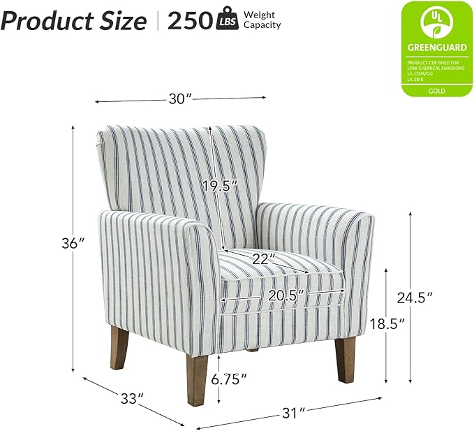 HULALA HOME Farmhouse Wingback Accent Chair Upholstered Striped Armchair with Solid Wood Legs Thick Seat Cushion for Living Room or Bedroom Navy