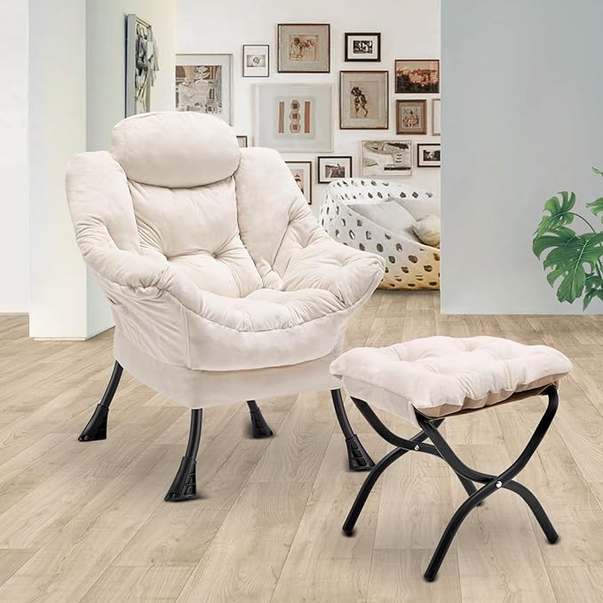 Lazy Chair with Folding OttomanLeisure Sofa ChairSoft Fabric Armchair with Armrests and Side Pockets Reading Chair with Footrest for Living Room Bedroom Office (Plush Beige)