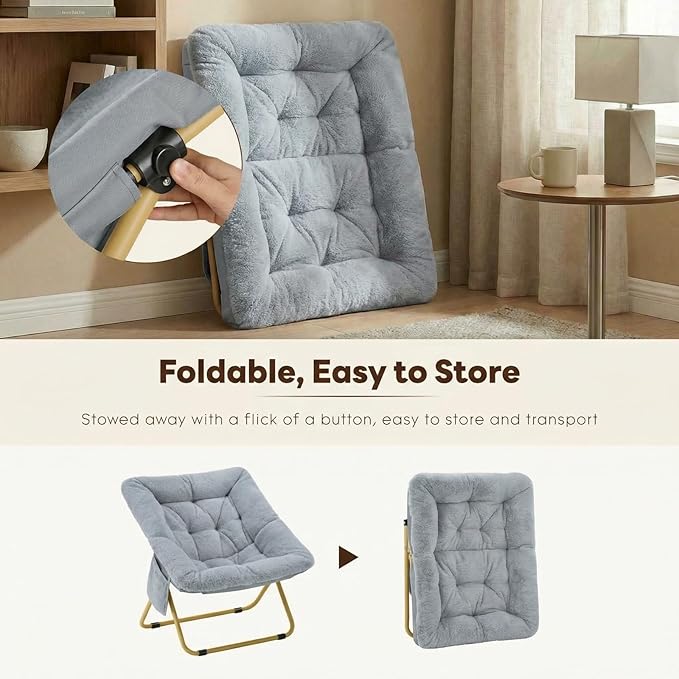 Folding Saucer Chair Comfy Reading Chair with Soft Thick Padded Seat Plush Faux Fur Lounge Chair for Small Space Bedroom Dorm Living Room X-Large Lazy Chair for Adults Teens Kids