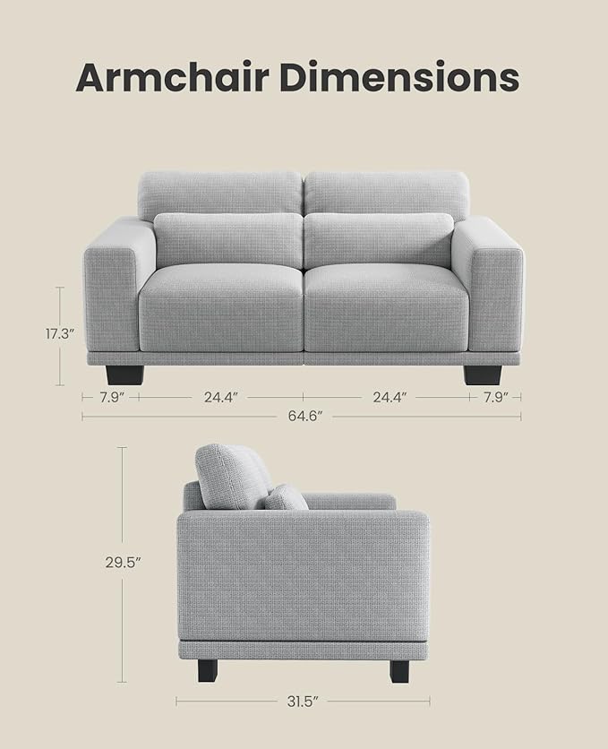 Amada 65 Loveseat Sofa 2 Seater Couch Sofa for Living Room Modern Sofa with Wide Armrests &amp Deep Seats Comfy Couch with Removable Washable Covers &amp Linen Fabric Easy Assembly (Grey 2 Sea