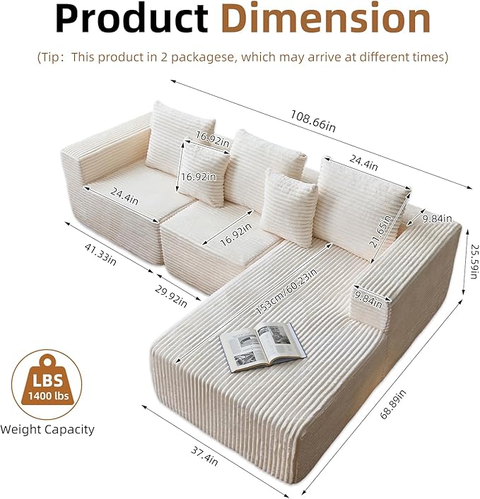 108'' Boneless Couch Sectional Boneless Couch w/Deep Seat Cloud Boneless Couches w/Stripe&amp Flannel Fabrics Boneless L Shaped Couches for Living Room Right Facing Chaise Beige